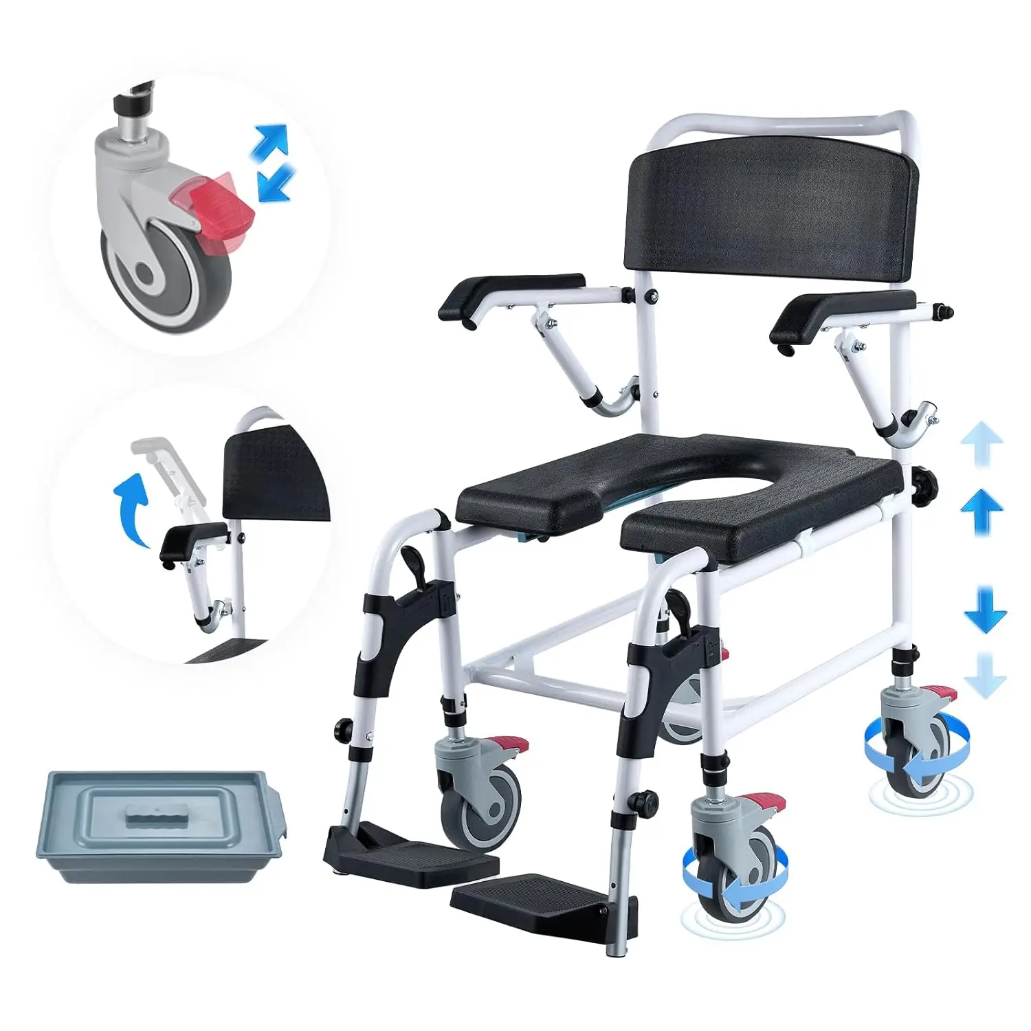 Fauteuil Roulant de Douche avec 4 Roues Verrouillables, Repose-Pieds, Bras Rabattables, 3 Niveaux Réglables, Recommandé, 5L perfecE27, 350 L