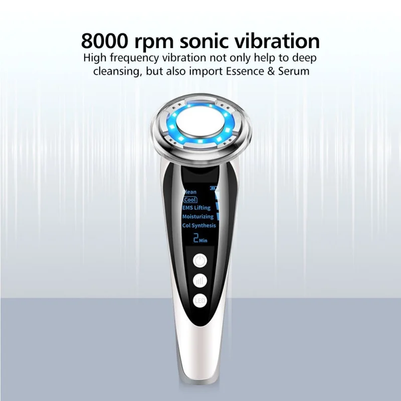 LED Photon Therapy Sonic Vibration Hot Cool Treatment Anti Aging EMS Skin Cleansing Rejuvenation Face Wrinkle Remover Device