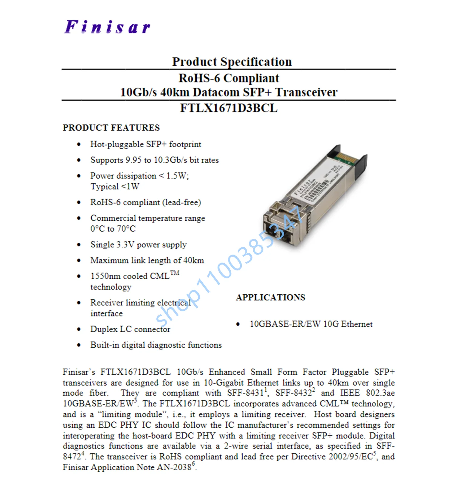 Finisar 10GB 40KM Fiber Module Sfp FTLX1671D3BCL/1550NM 40KM 10G General Fiber Optical Module