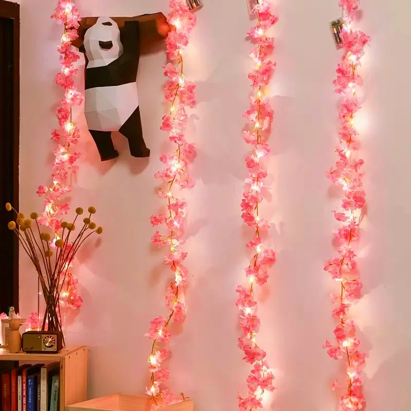 1PC 180cm Artificial Flowers with LED Lights Cherry Blossom Sakura Garland Wedding Arch Garden Home Party Decor Fake Plants Vine