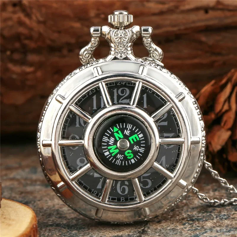 Vintage Hollow Out Compass Design Half Hunter Analog Quartz Pocket Watch for Men Women Starry Dial Pendant Necklace Chain Gift