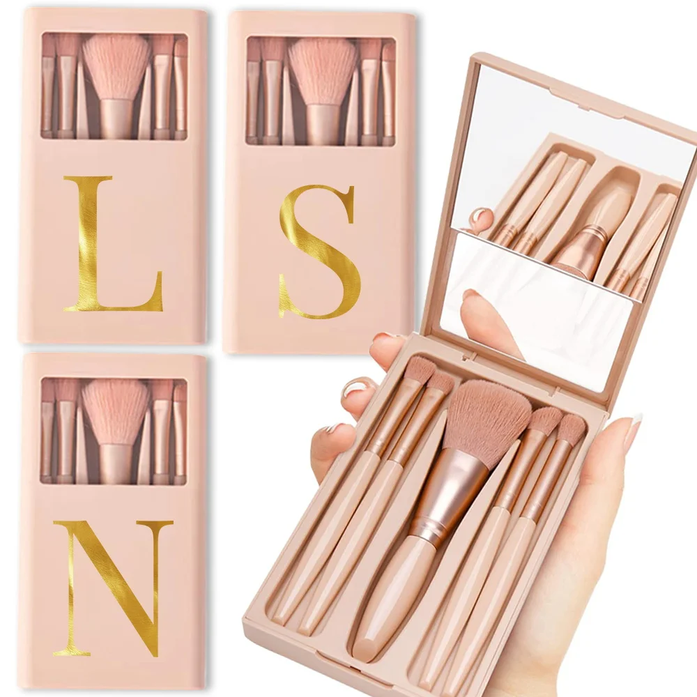 

5Pcs Portable Travel Makeup Brushes Kit With Mirror Box Eyeshadow Organizer Cosmetic Brush Set Beauty Tools Case Letter Pattern