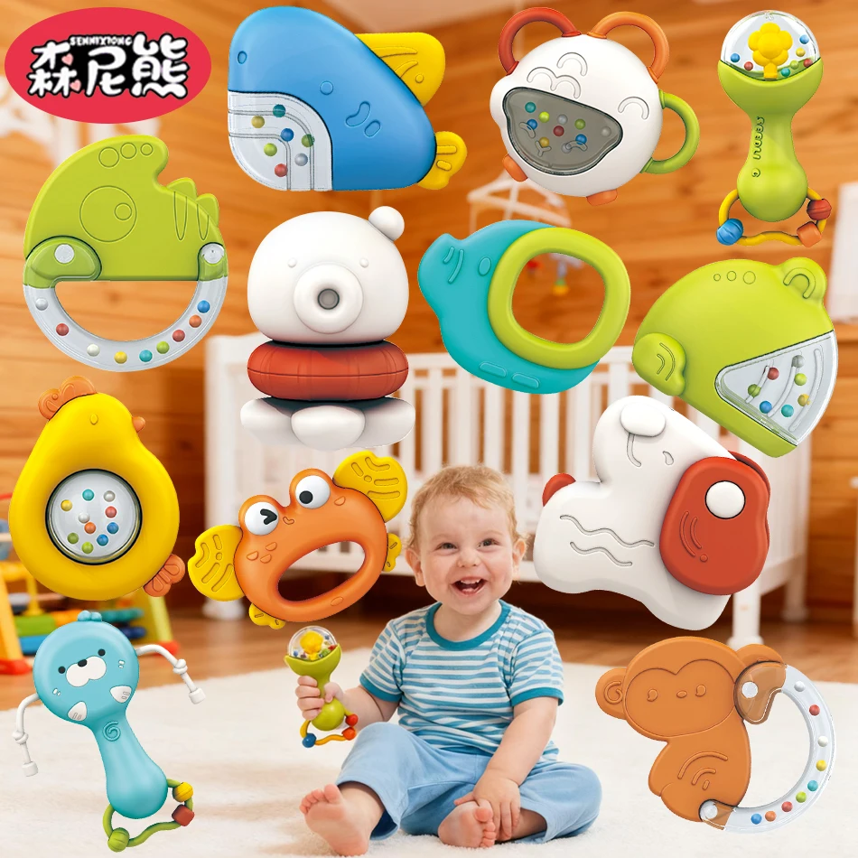 SENNIXIONG Baby Handbell Cartoon Elefant Hai Rassel Kautable Zahnen Entwickeln Montessori Sinnes Spielzeug Für Neugeborene Kleinkind Geschenk