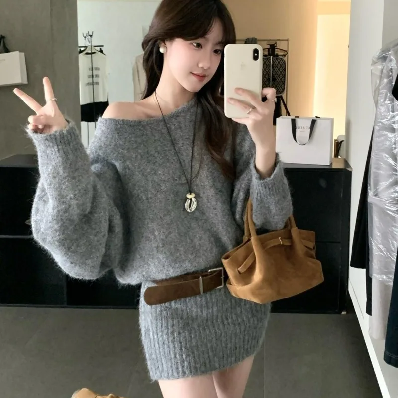 Women Knit Pullover Sweater Bat Sleeve Sexy Long Knitwears Hip Skirt Sweater with Sashes Vintage Autumn Winter Knitted Jumpers