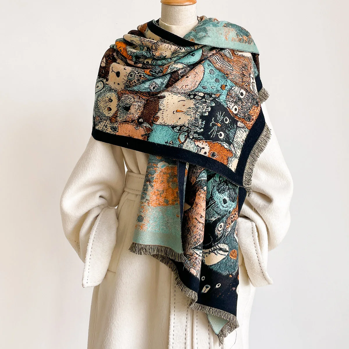 Cartoon Animal Gathering Oil Painting Imitation Cashmere Scarf Ladies Thick Cozy Neck Wrap With Exquisite Fine Fringe Edge