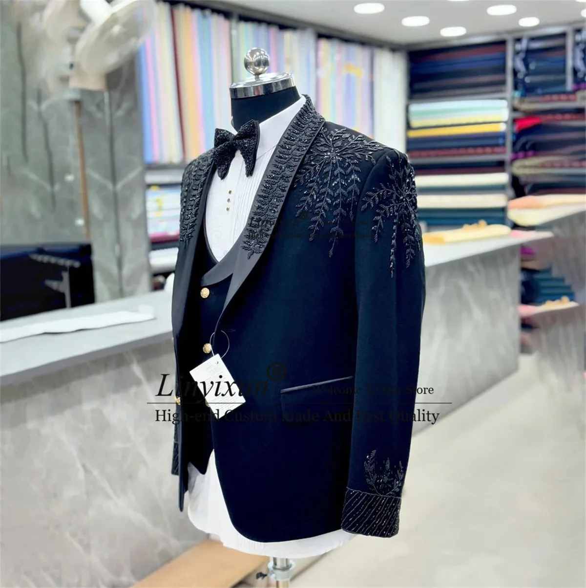 Elegance Beaded Embroidered Tuxedos Men Suits  Luxury Shiny Male Prom Blazers 3 Pieces Sets Groom Ropa Hombre Slim Costume Homme