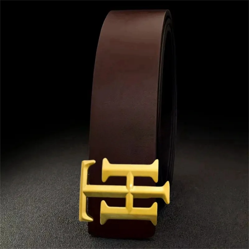 2025 New Men's Genuine Leather Belt Smooth Buckle with Letter Design Adjustable Waist Strap for Business Casual Jeans Trousers