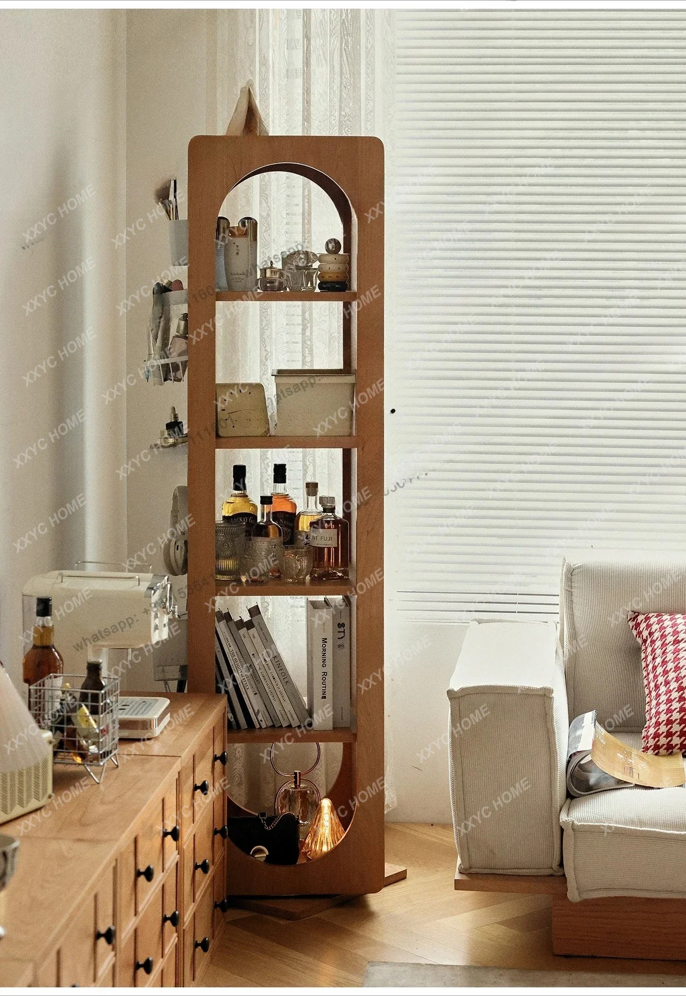 solid wood rotating full-length mirror living room cherry wood floor display storage rack