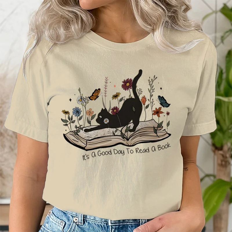 Women\'s T-shirts Black Cat and Floral Book Tshirt Short Sleeve Animal Lovers Tops It\'s A Good Day To Read A Book Graphics Tshirt