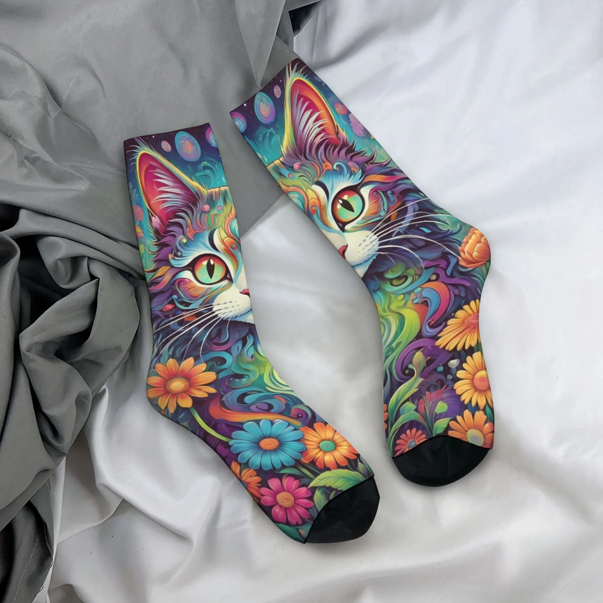 Fantasy-Katzen-Illustration Herrensocken Neuartige Kunst-Freizeitsocken Street Hip-Hop-Socken Reise-Sport-Kompressionssocken Geschenke