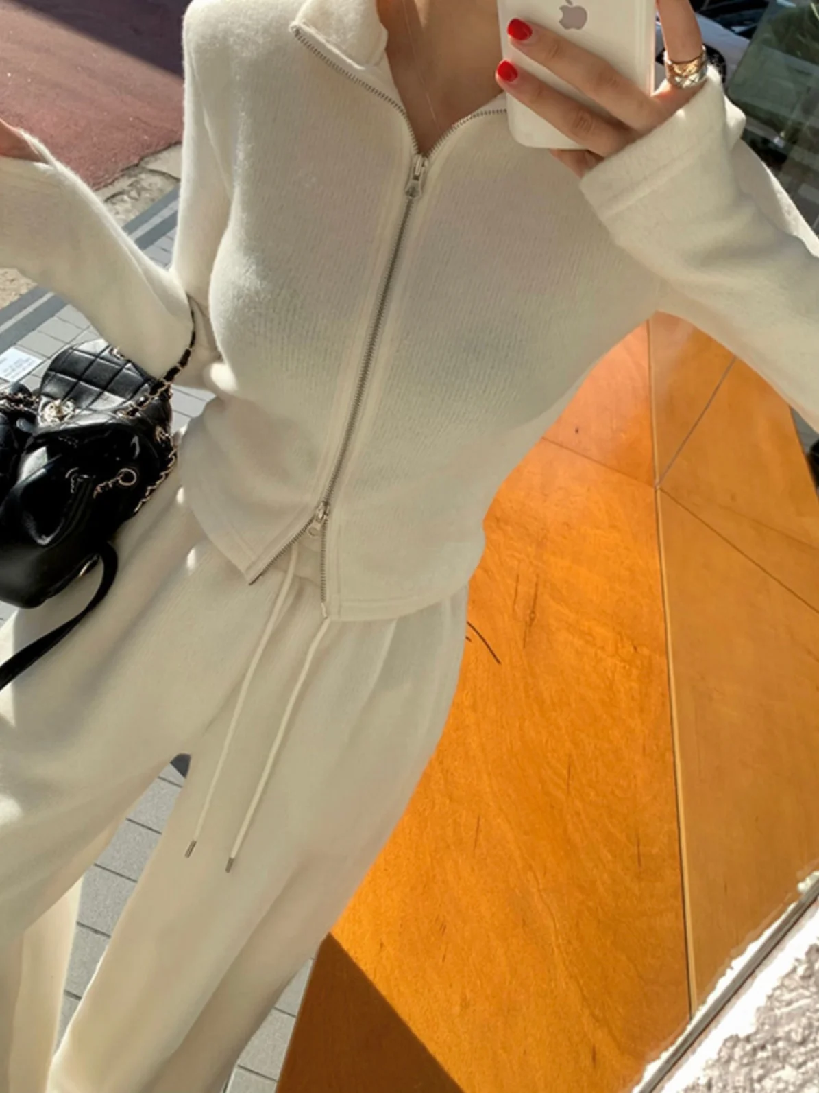 

Women's Slim Fit Double Zipper Open Cardigan Top And Straight Leg Pants Set Elastic Waist Versatile Cotton Faion Set