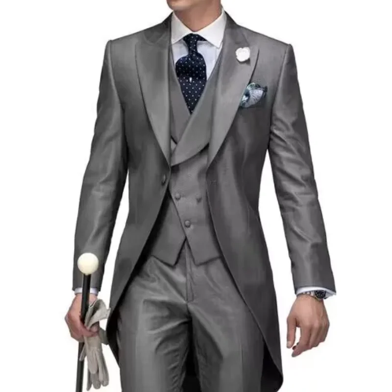 

Lansboter Men Suit 3 Pieces Gray Solid With Lapel Casual Wedding Banquet Work Tuxedos Set Jacket Vest With Pants