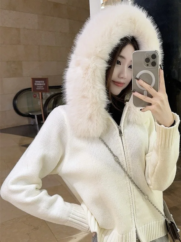 

Autumn Winter Soft Plush Knitted Zipper Cardigan Detachable Fur Collar Long Sleeve Sweater Jacket Women's Sweet Style Coat