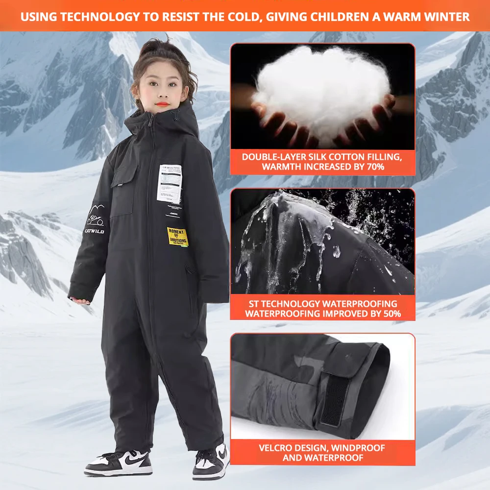 

Winter Kids Cycling Coldproof Clothing Motorbike Windproof Jumpsuit Cotton Thickened Waterproof Multi-color Ski Equipment