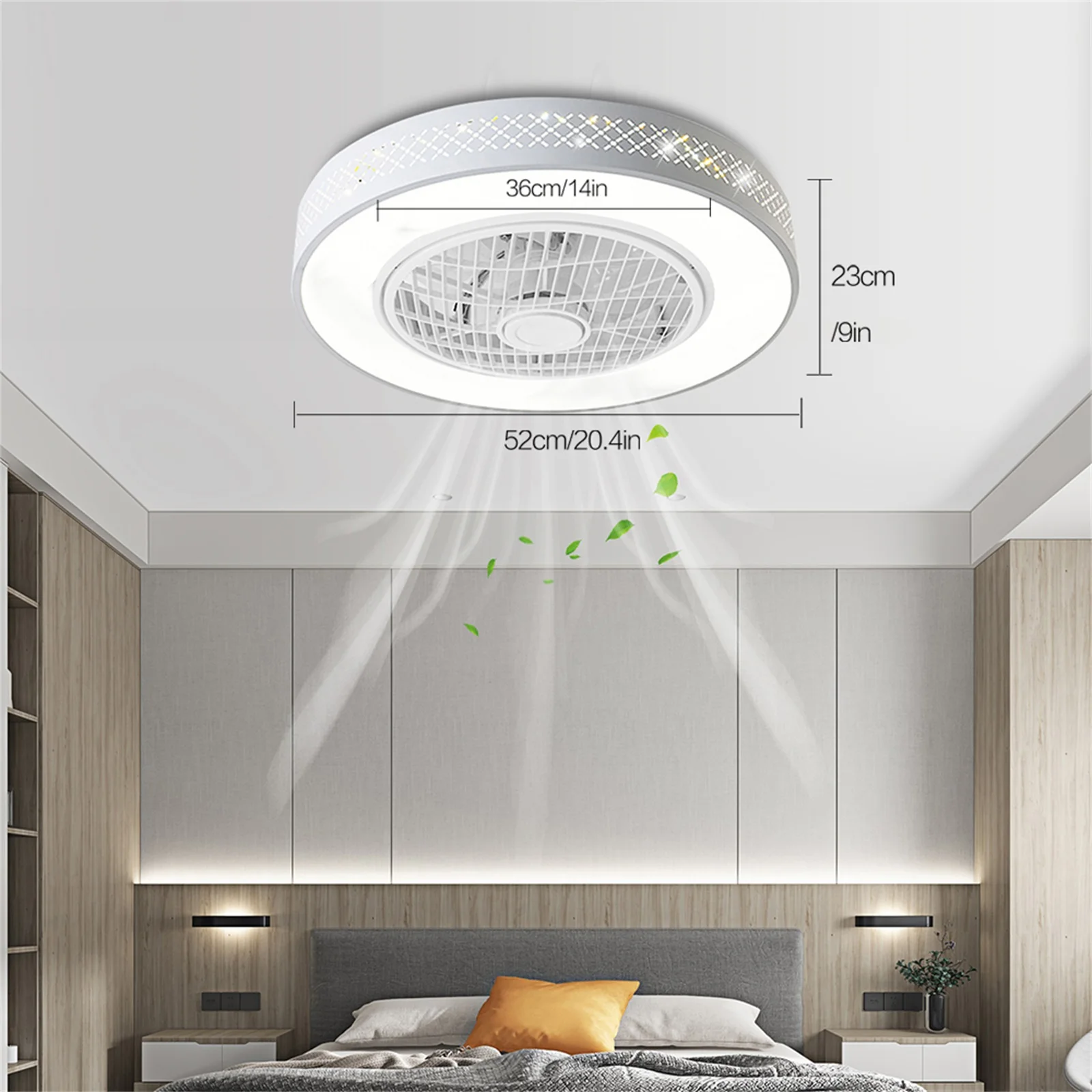 

52cm Grid Ceiling Fan Light LED 3 Speed Remote Control For Bedroom Living Room