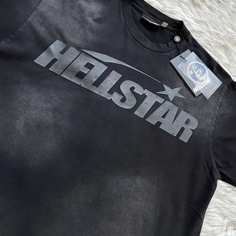 Pure Cotton Short Sleeve T-Shirt Unisex Washed Sport Logo Tee Youthful Trend Standard Fit round Neck from HELLSTAR STUDIOS