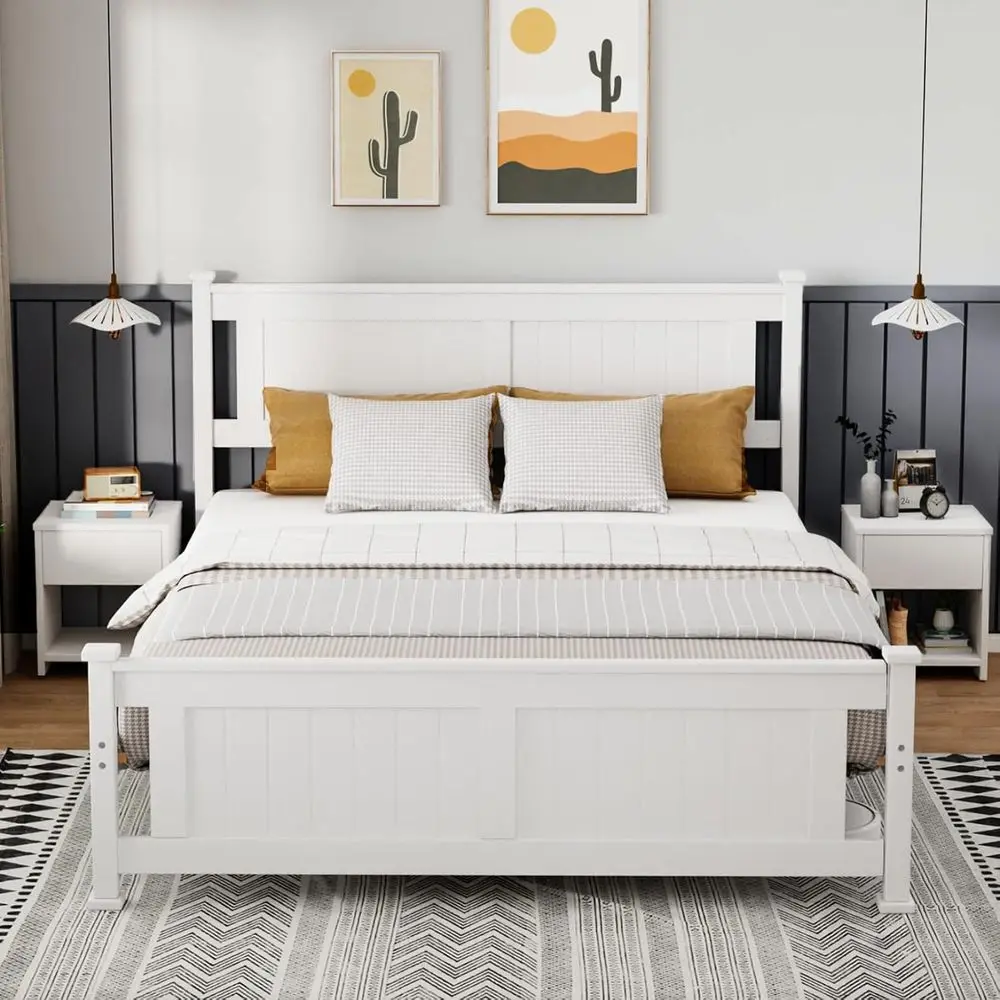 

Solid Wood Platform Bed with Slat Support, Panel Design, No Box Spring Needed, White