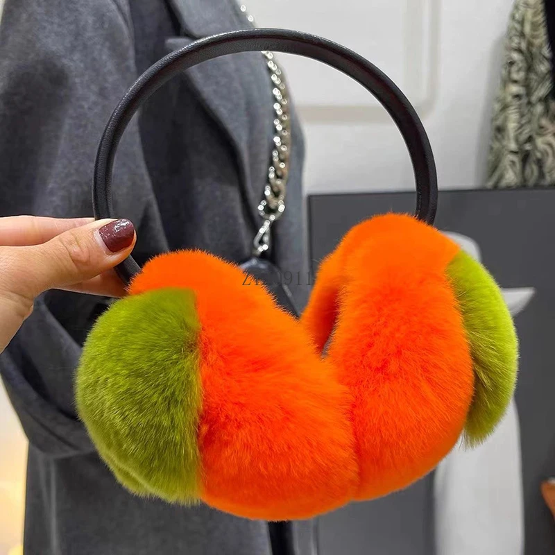 2024 Real Fur Ear-cap Winter Women Warm Natural Rex Rabbit Fur Earmuff Lady Fashion Fluffy Pompoms Genuine Rex Rabbit Fur Earla