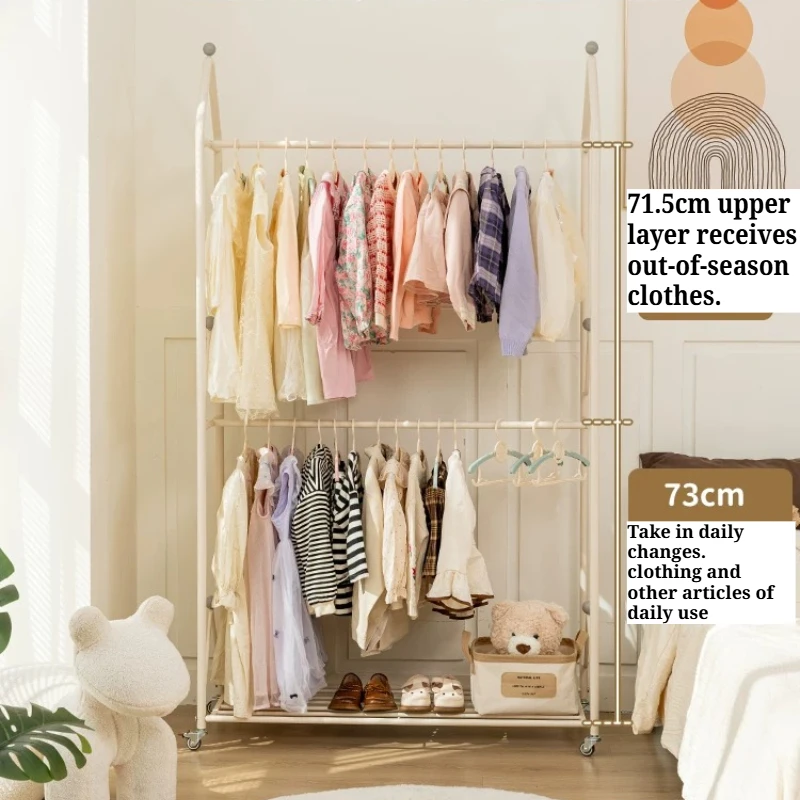 Double Rod Clothes Rack Mobile Wheels Storage Organizer clothing hanger Interior Design living room perchero de ropa furniture
