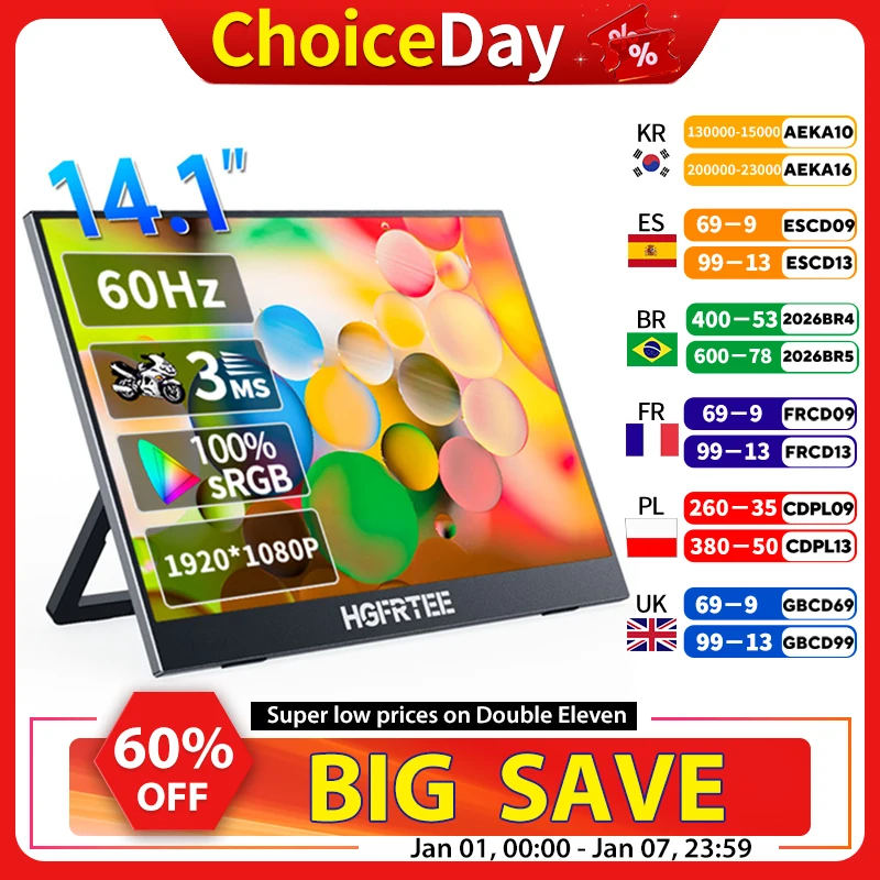 Moniteur Portable de 14.1 pouces, 1080P IPS 100%SRGB, écran de jeu avec support pour ordinateur Portable PS5/4 Switch Xbox Raspberry Pi