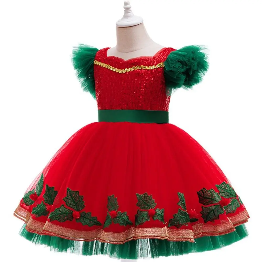 Mesh Puff Skirt Christmas Princess Dress Lace Collar Short-Sleeved Christmas Dance Dress Embroidered Tutu Skirt Fluffy Ball Gown