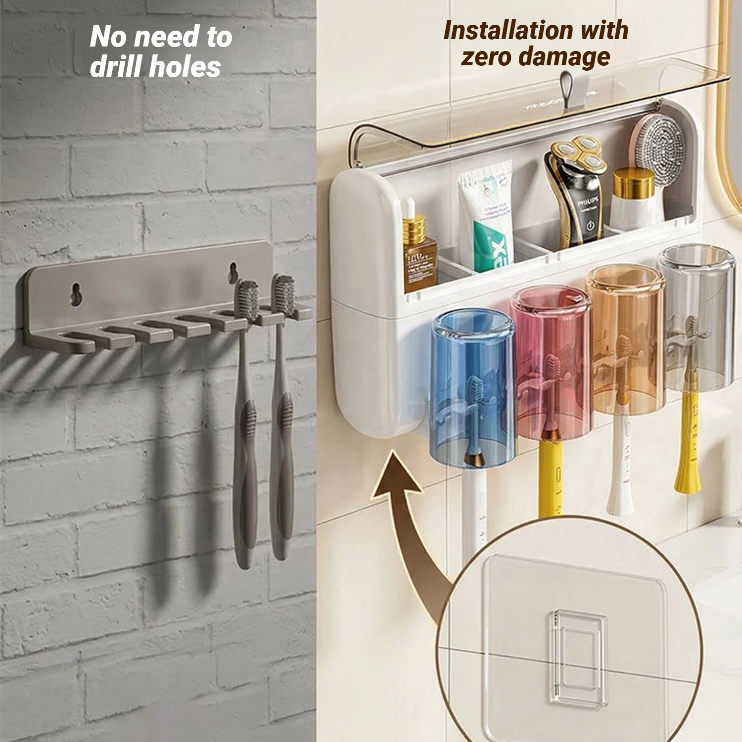 Family Set Toothbrush Holder Wall Mounted No Drill Dust Proof Organizer With Toothpaste Dispenser Bathroom Home Accessories