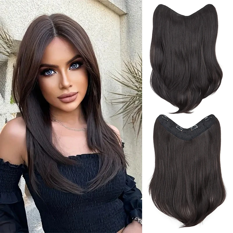 

16Inch Synthetic Long Straight Slightly Warped Inner Buckle Hair Extension Invisible V-Shaped Half Head Wig for Women