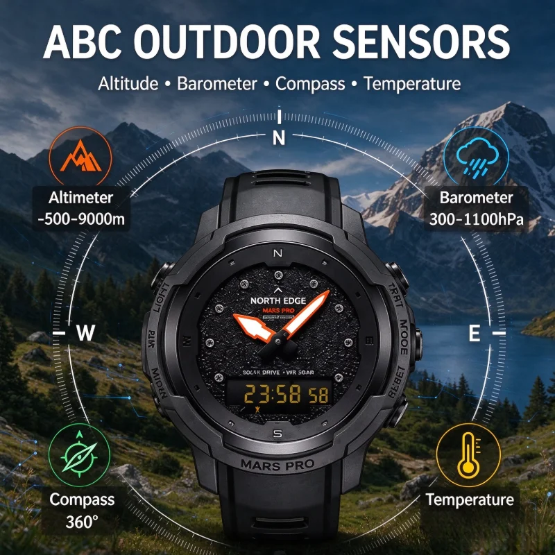 NORTH EDGE MARS PRO Men Outdoor Watch Analog Digital Dual Display Carbon Fiber Altimeter Barometer Compass 50M Waterproof Sports