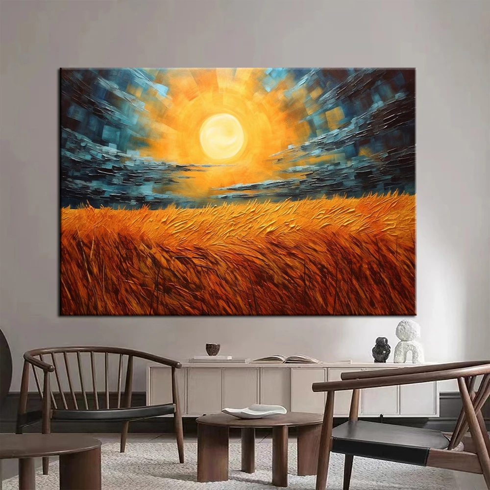 Handmade Oil Painting Wheat Fields Oil Painting Sunset Painting Nature Landscape Textured Painting Acrylic Abstract Oil Painting