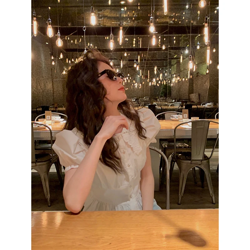 

Женская белая хлопковая блузка с вышивкой и деревянным воротником, повседневная, для работы