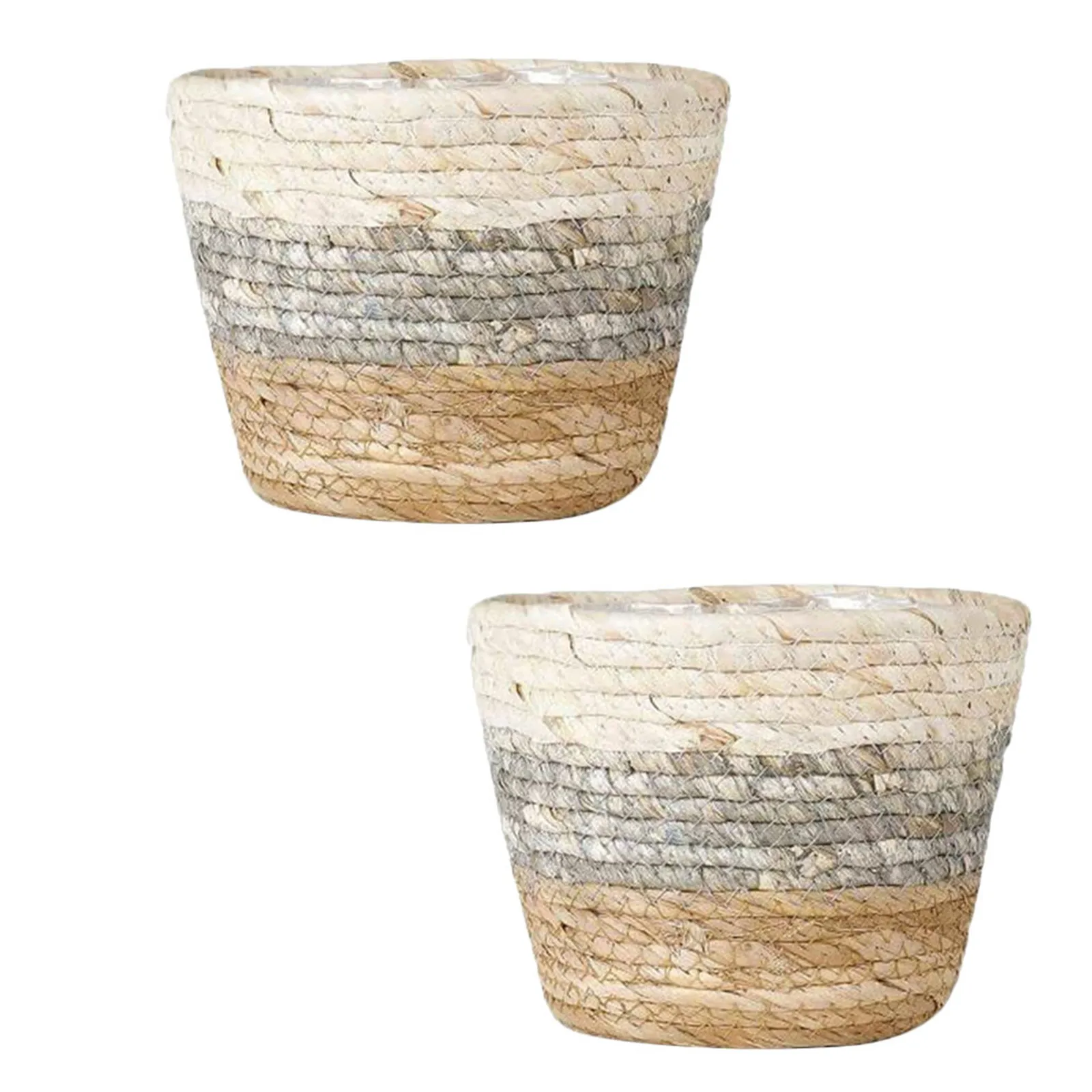 Woven Flower Baskets Set of 2 – Natural Straw Planters for Desktop, Living Room & Bedroom Decor
