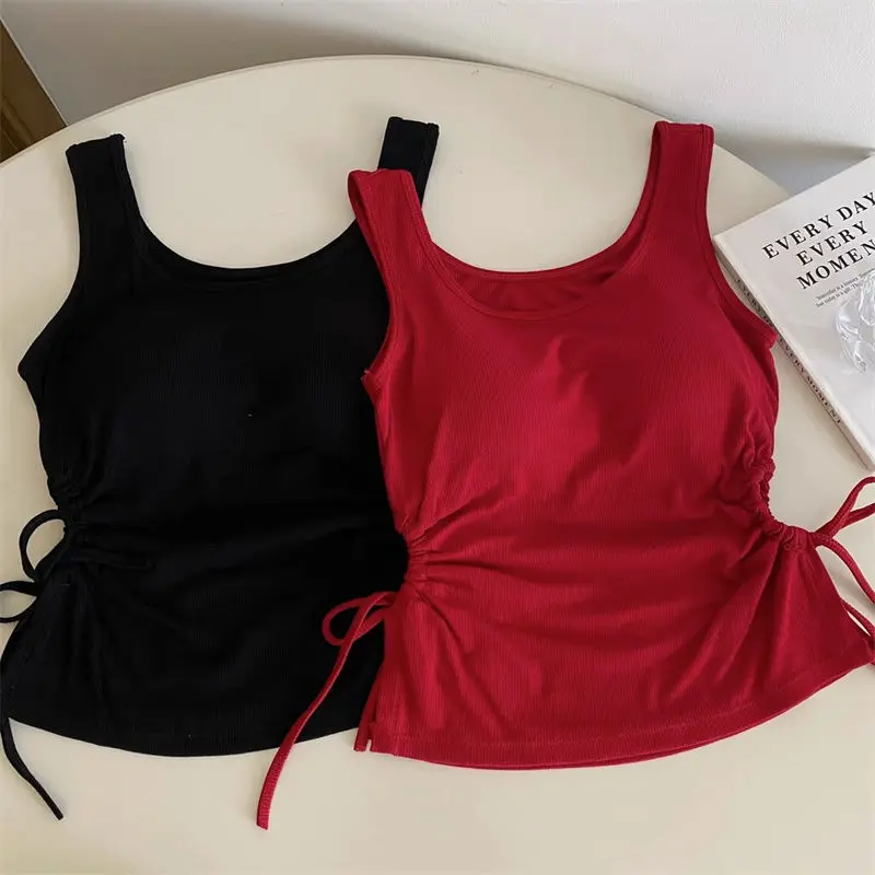 Summer Sexy Two Side Drawstring Open Back Chest Pad Cushion Strap Women Crop Tops Solid Off Shoulder Camisole Women Clothing