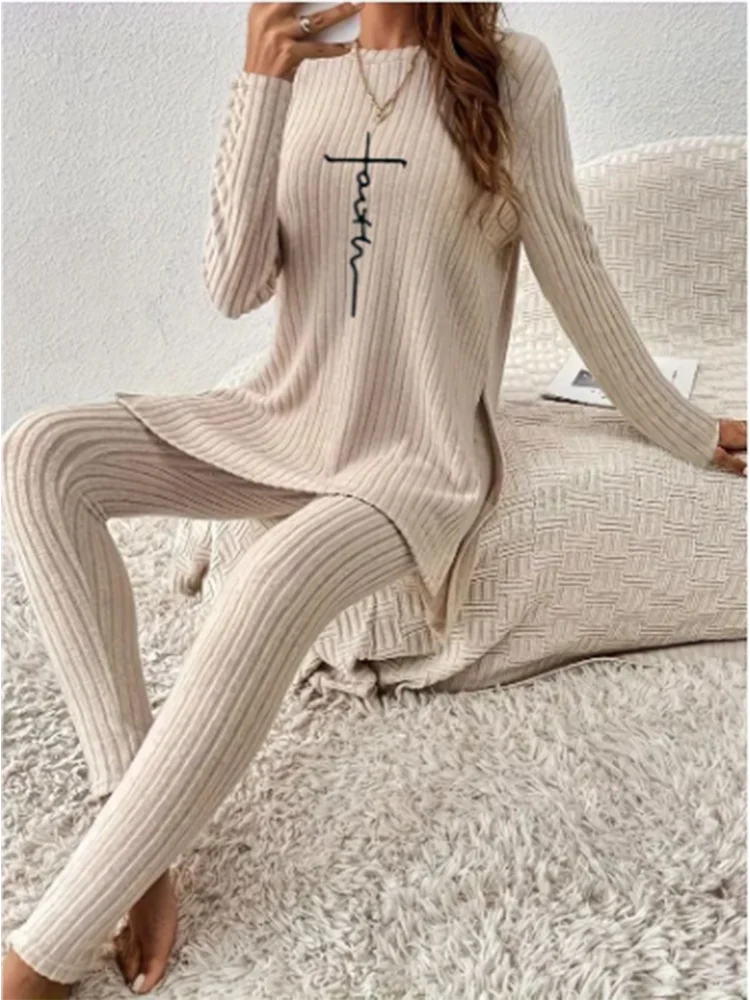 Casual Solid Color Winter Knitted Suit Women Two-Piece Long Sleeve Split Top Slim Fit Pants Autumn Fashion Set