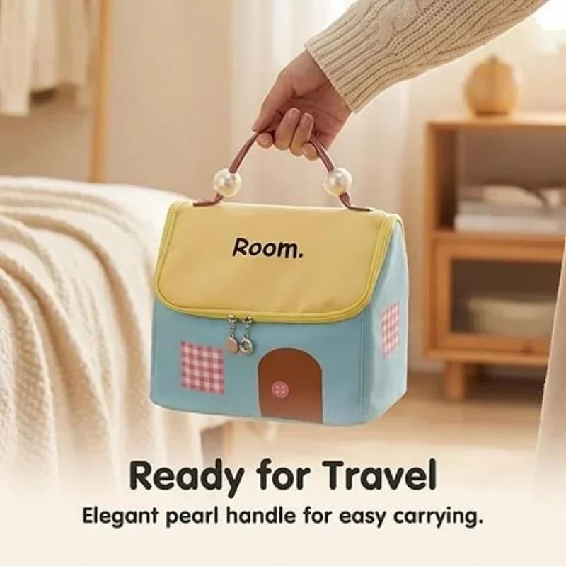 1 Stück kleine Kosmetiktasche im Hausdesign, große Kapazität mit Fächern, Handtasche mit doppeltem Reißverschluss, ideal zum Packen von Reisegepäck, tragbare Aufbewahrungstasche für Reisen. – Detail 1