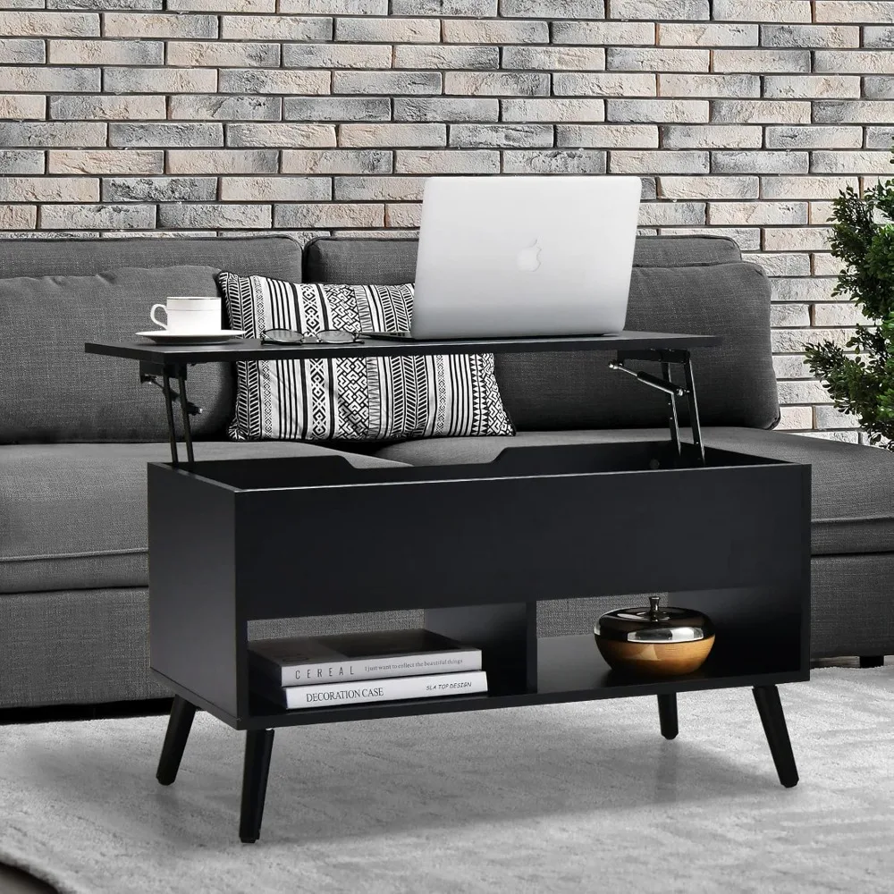 Lift Top Coffee Table, Modern Cocktail Table w/Hidden Compartment & 2 Open Shelves, Flip Top Center Table