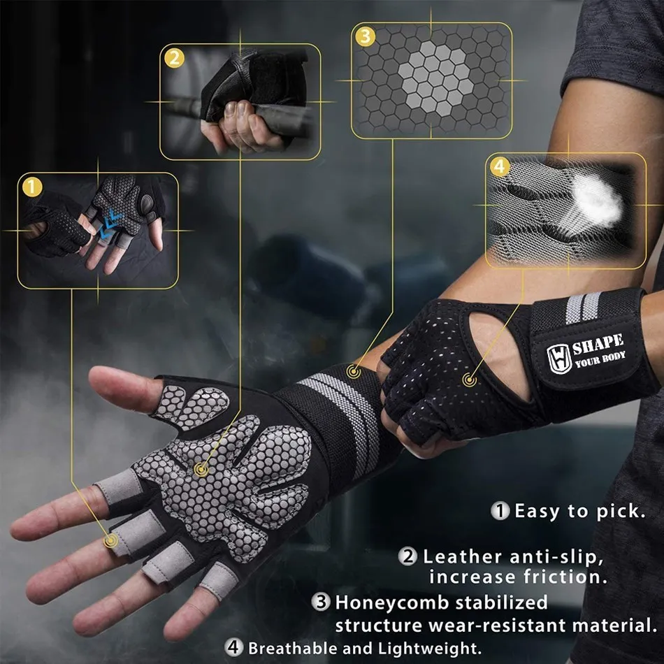 WorthWhile Half Finger Gym Fitness Gloves with Wrist Wrap Support for Men Women Crossfit Workout Power Weight Lifting Equipment