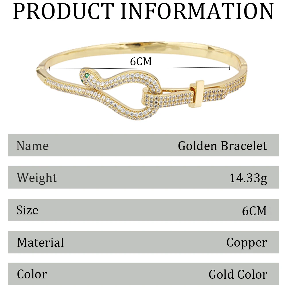 Poulisa Snake Shaped Cubic Zirconium Bracelets For Women Fashion Circle Zircon Gold Color Cuff Bangle Jewelry Luxury Party Gifts