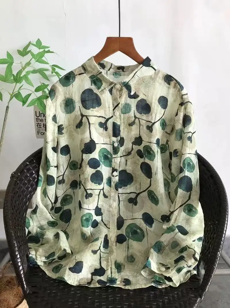 

Женская французская тонкая рубашка из 100% рами, весна-лето 2026, однобортный кардиган с фруктовым принтом, женская рубашка с отложным воротником и длинными рукавами