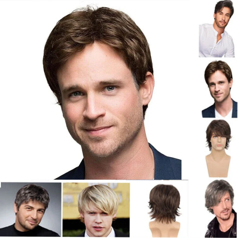 

7style Мужской парик для мальчиков Натуральные волосы Короткие черные коричневые серые вьющиеся повседневные парики