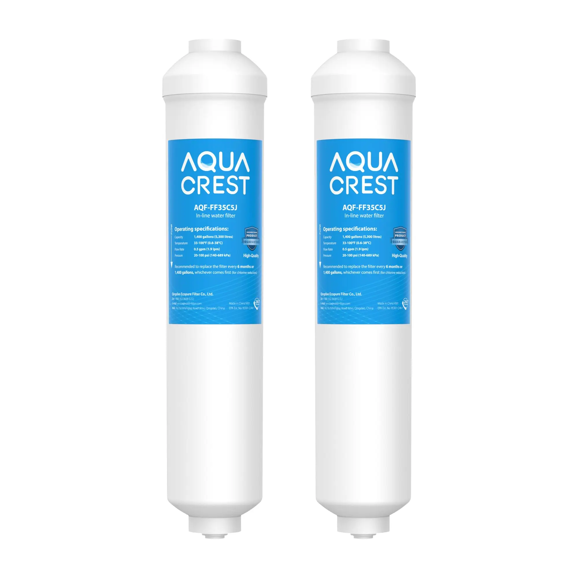 AQUA CREST FF35C5J Inline Water Filter Replacement, NSF/ANSI 42 Certified，1/4 Quick-Connect Replacement for Refrigerator, Post-Carbon Filter for Reverse Osmosis Systems, 6-12 Months (NO Fittings)