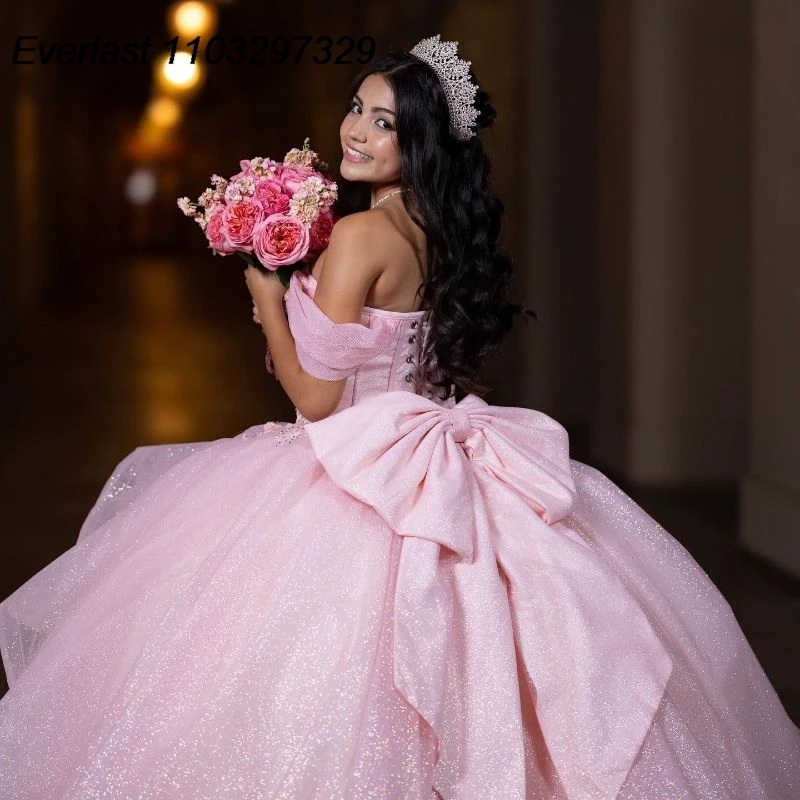 EVLAST Mexican Glitter Pink Quinceanera Dress Ball Gown Lace Applique perline con fiocco Sweet 16 Vestidos De XV 15 Anos TQD727