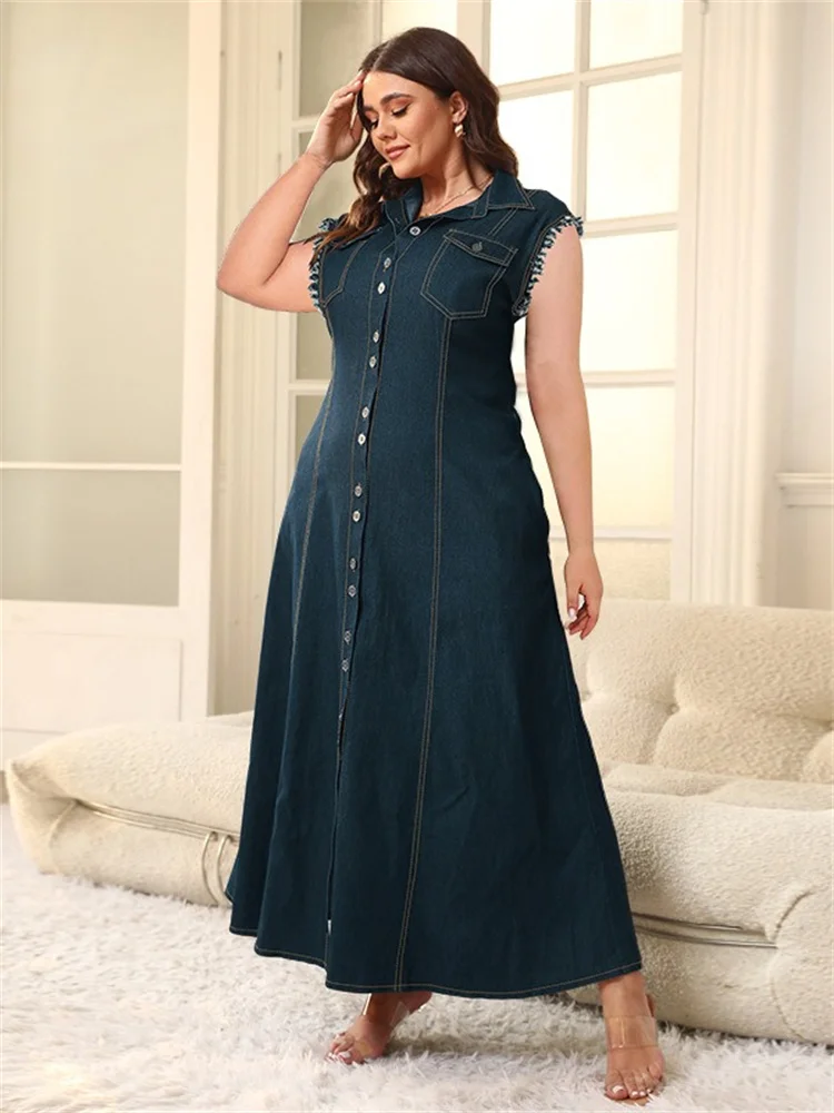 Wmstar Denim Plus Size sukienki dla kobiet letnie solidne guziki bez rękawów modne elegancka sukienka Maxi sprzedaż hurtowa Dropshipping