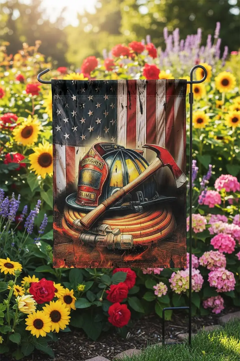Firefighter Helmet Design Garden Flag 12x18 In Doublesided All-Weather Outdoor Decorative Banner, Gifts for Firefighter Fami EEZ
