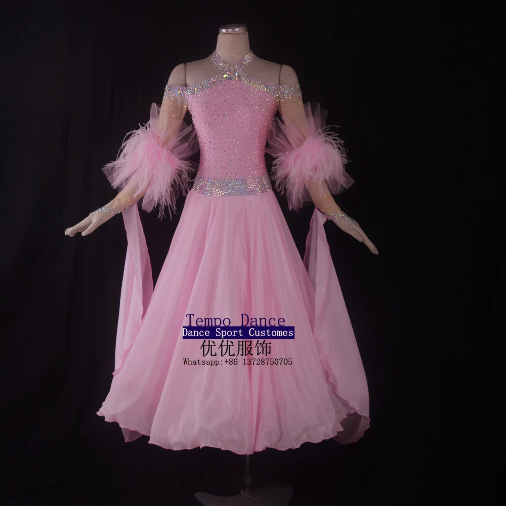 Pink Feather Hemline Ballroom Modern Salsa Tango Dance Dress Modern Waltz Foxtrot Tango Ballroom Latin Flamenco Rumba Samba