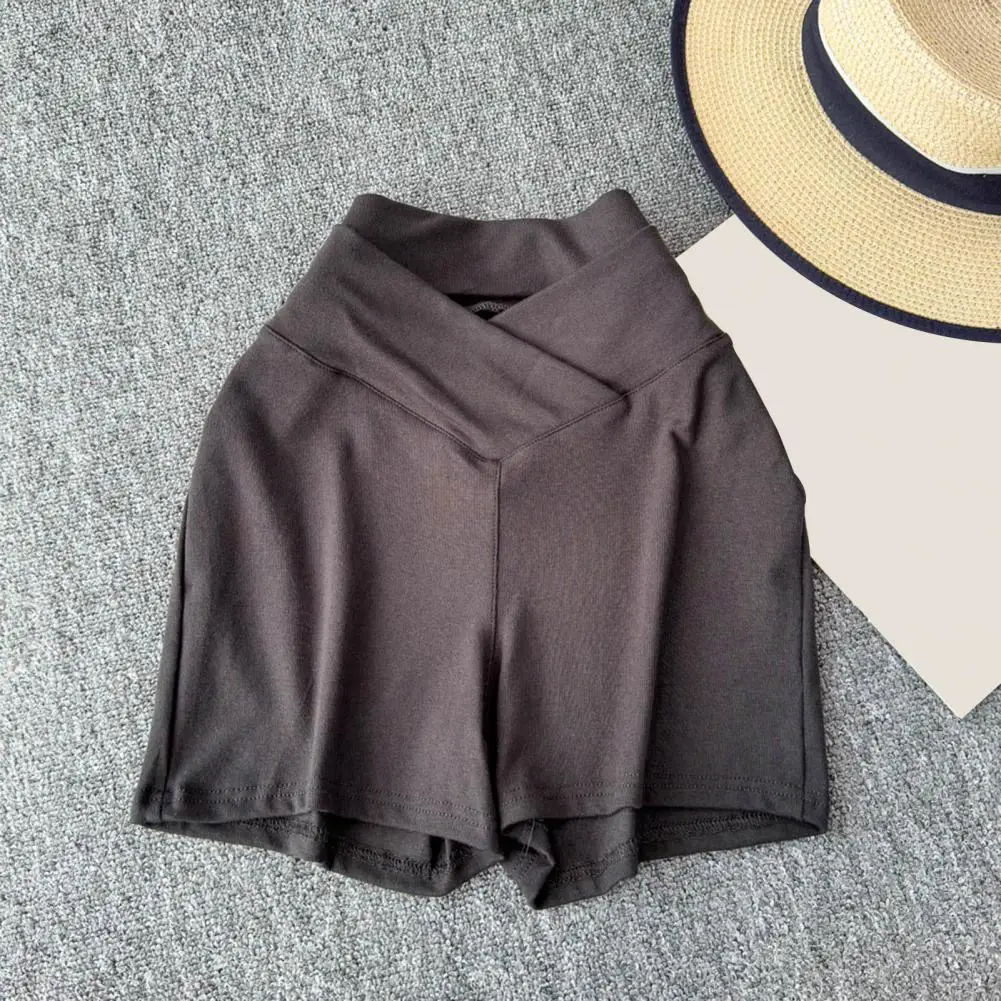 Pure Color Yoga Shorts Elastic Waistband, Women Shorts V-Shaped High Waist Design Butt-Covering Summer Short Pants