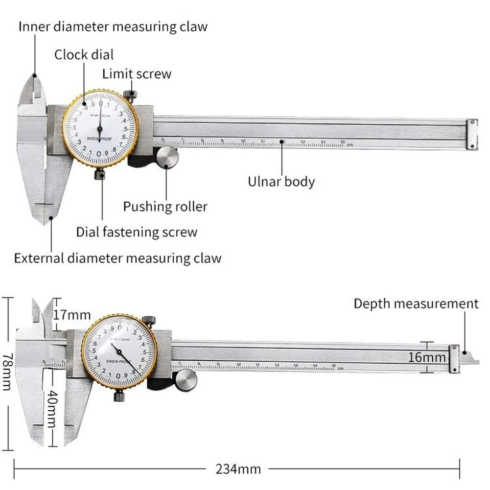 Dial Calipers 0-150mm 0.02mm High Precision Industry Stainless Steel Vernier Caliper Shockproof Metric Measuring Tool