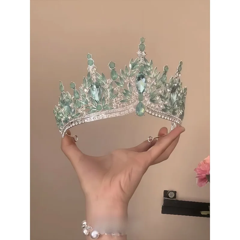 Mori Full Diamond Green Leaves Crown Bar Mitzvah Birthday Hair Accessories Headgear Women