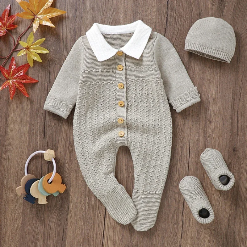 Sets 2pcs Children Outwear Outfits 0-18m Baby Rompers Long Sleeve Knit Newborn Infant Boy Girl Jumpsuits Playsuits Hats Clothing