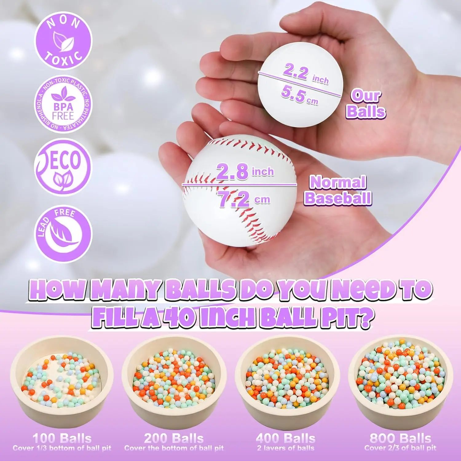 Bolas para niños pequeños, bolas de plástico para pelota, parque infantil, piscina, decoración de fiesta Pastel para bebés, 100 bolas blancas + blancas perladas