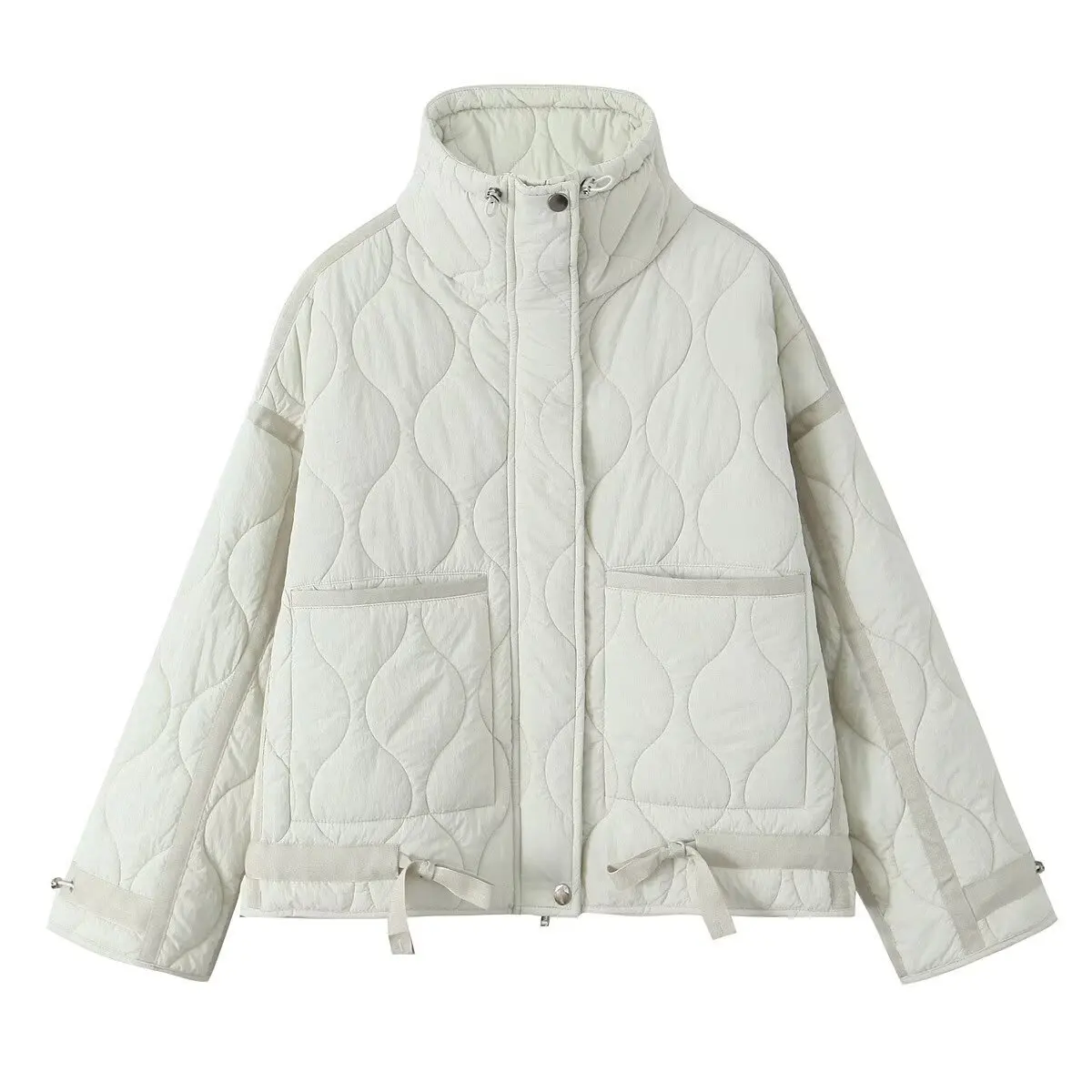 2025 QUILTED JACKET WITH TIES new beige drawstring high neck pocket clip cotton jacket for women